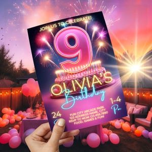 May include: A birthday invitation held by a hand, featuring a large pink number 9 with a cake and candles. The invitation reads "OLIVIA'S Birthday" with event details and the text "JOIN US TO CELEBRATE!" in a colorful outdoor setting.