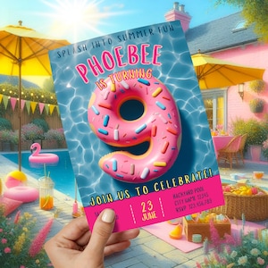 Uitnodiging zwembadfeest 9e verjaardag: donut float, bewerkbare sjabloon (digitale download)