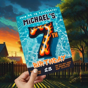 Editable 7th Pool Party Invitation for Pool Party, Boys Turning 7 Invitation Template, Pool Party Invite