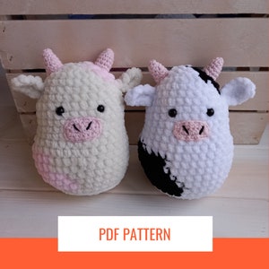 Squishmallow strawberry cow crochet black and white cow plushie in kawaii style, PDF PATTERN