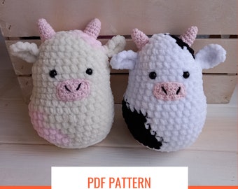 Squishmallow strawberry cow crochet black and white cow plushie in kawaii style, PDF PATTERN