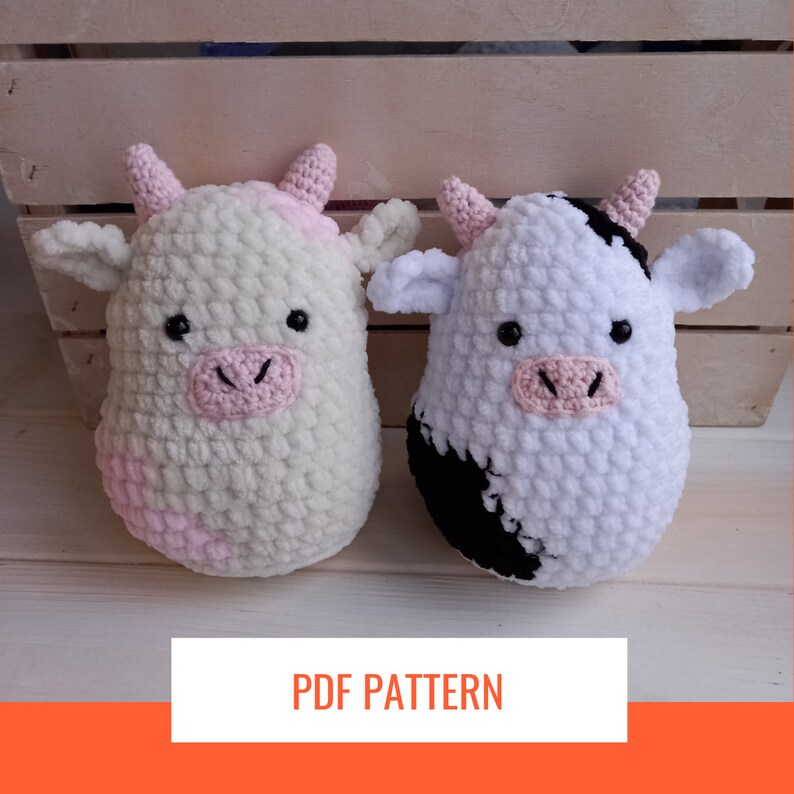 Squishmallow strawberry cow crochet black and white cow plushie in kawaii style, PDF PATTERN 