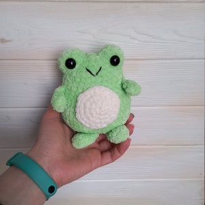 Op de afbeelding: Een groene gehaakte knuffel van een kikker met witte accenten en zwarte ogen. De kikker wordt in een hand vastgehouden.