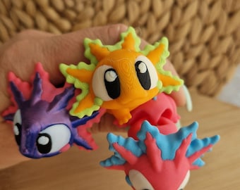 3D-geprinte axolotl in roze, oranje, paarse kleur, superleuke flexibele axolotl, gelede axolotl 3D-geprinte sleutelhanger, dierenspeelgoed