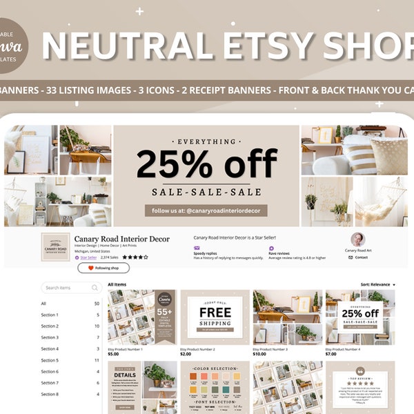 Etsy Shop Kit Minimal Neutral Beige Canva Template, Store Banner and Listing Templates Images Mockup Designs, Customizable Branding Kit