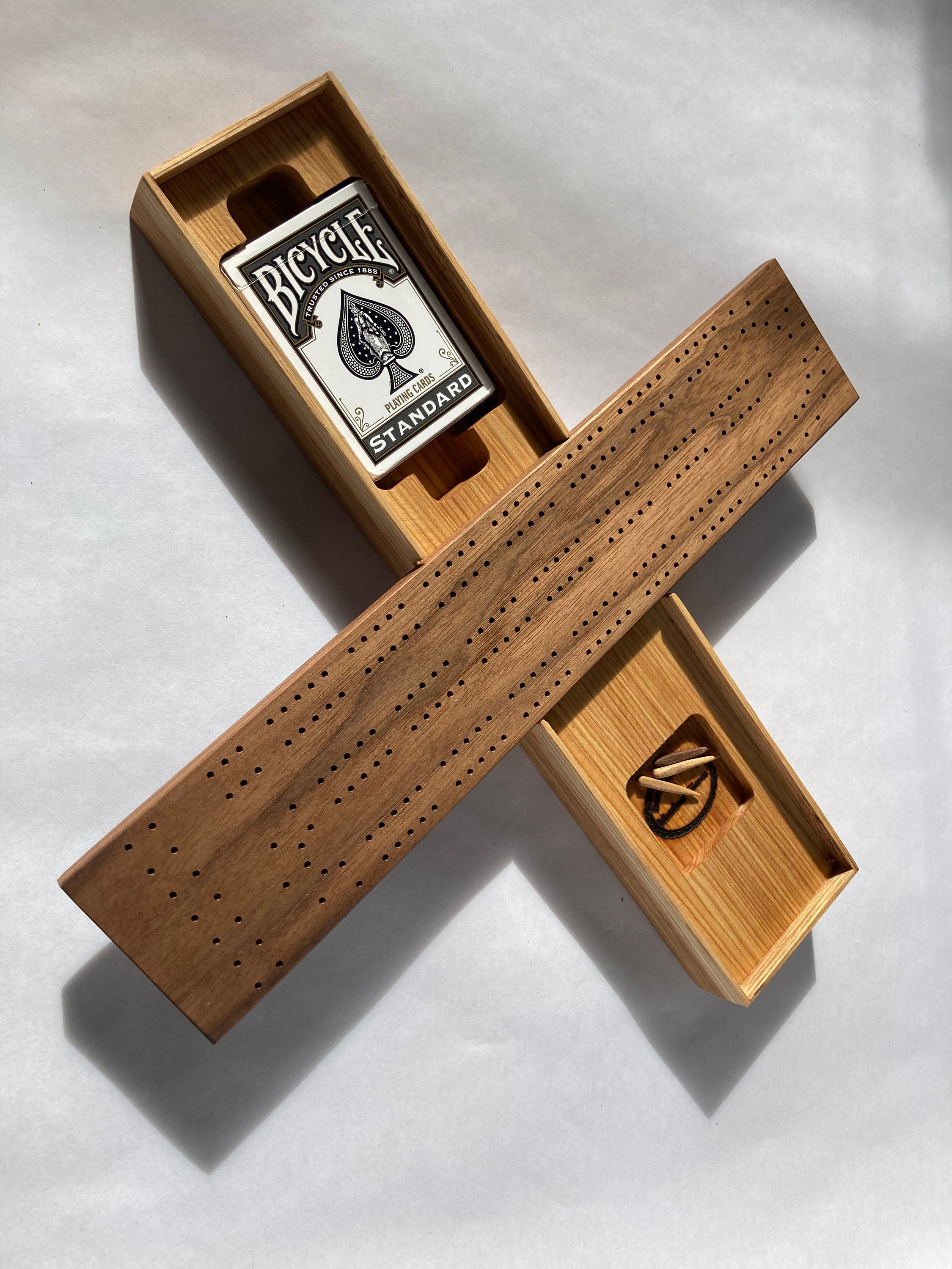 Handmade Hickory Cribbage Board with Card and Peg storage - Etsy Polska