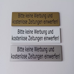 Briefkasten-Schild / Hinweis-Schild Bitte keine Werbung, in 3 Farben ,selbstklebend, Lasergravur