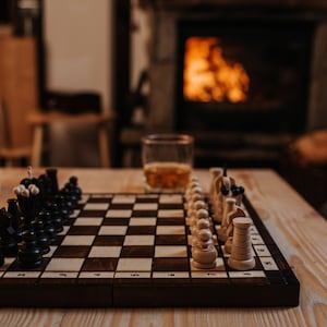 Set of wooden chess, travel size, portable, brand new crafted wooden chess, board game, playing, fun, strategic game,board,for two