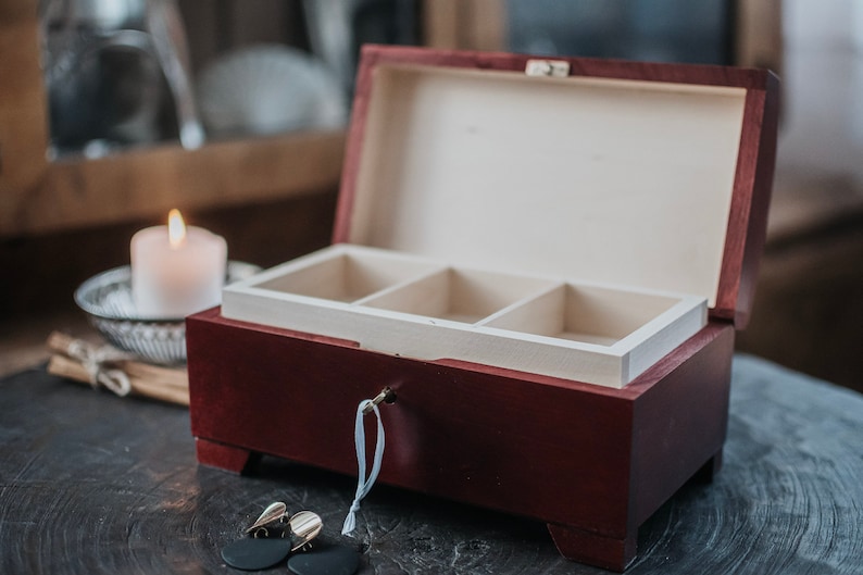 Mahogany wooden box closed with key,natural wood, lockable,box with lock,3 compartments,wooden keepsake,jewerly box,birthday image 1