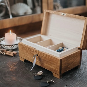 Light brown wooden box closed with key,natural wood, lockable,box with lock,3 compartments,wooden keepsake,jewerly box,birthday