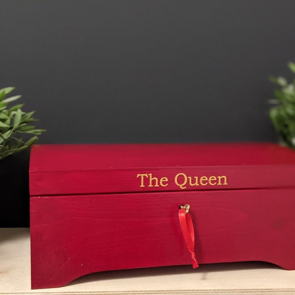 The Queen, Red big wooden box with key lock,jewelry box,ring box,gift idea,natural wood,personalized box,letter box,royal,crown WITH LOVE