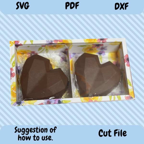 Rectangular box with clear lid svg, Mother's day gift box, rectangular box two compartments svg, Tab locking lid, 3D chocolate hearts,