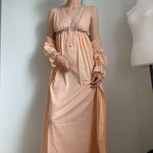 Vintage Peach Orange Peignoir | Fits Size Small | Nightgown Negligee + Robe | 2 Piece Set