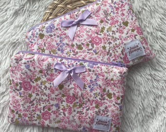 Quilted Handmade Small Coin Zipper Pouch | 7x5” | Coquette Bows | Wallet | Pink Floral Calico Purple Coquette Bow