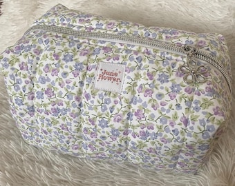 Handmade Quilted Puff Makeup Bag | Floral Print Cosmetic Pouch, Travel Toiletry Bag, Cute Zipper Bag, Gift for Her | Cottage Purple Floral