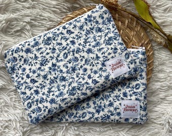Quilted Handmade Small Zipper Pouch| 7x5” | Floral Fruit | Wallet | Ditsy Blue Floral, white and navy blue