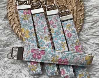 Handmade Wristlet Keychain | Fabric Wrist Key Fob | Gift for Her | Lanyards | for House Keys | Keyring | Liberty pink teal yellow floral