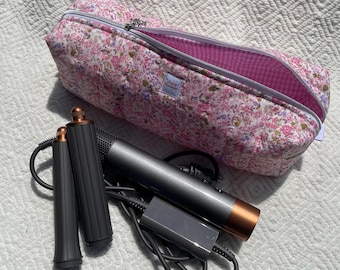Handmade Quilted Hair Tool Organizer, Cute Travel Makeup Bag, Storage Pouch, Air Wrap or Curling Wand, Hair Straightener Pink Floral Calico