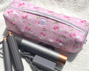 Handmade Quilted HairTool Organizer, Cute Travel Makeup Bag, Storage Pouch, Air Wrap or Curling Wand, Hair Straightener Pink Coquette Cherry