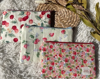 Quilted Handmade Small Zipper Pouch| 7x5” | Floral Fruit | Wallet | Cherry, Ditsy Flower, Strawberry | Green Pink Red Blue