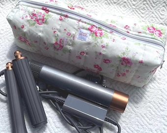 Handmade Quilted Hair Tool Organizer, Cute Travel Makeup Bag, Storage Pouch, Air Wrap or Curling Wand, Hair Straightener, Coquette Floral