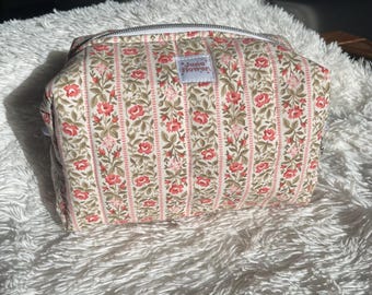 Handmade Quilted Puff Makeup Bag | Floral Print Cosmetic Pouch, Travel Toiletry Bag, Cute Zipper Bag, Gift for Her | Cottage Rose Stripes