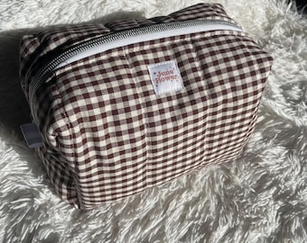Handmade Quilted Puff Makeup Bag | Floral Print Cosmetic Pouch, Travel Toiletry Bag, Cute Zipper Bag, Gift for Her | Brown Espresso Gingham