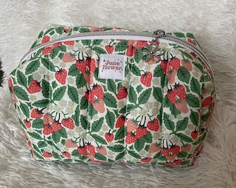 Handmade Quilted Puff Makeup Bag | Floral Print Cosmetic Pouch, Travel Toiletry Bag, Cute Zipper Bag, Gift for Her | Strawberry Harvest