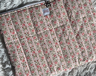 Puffy Quilted Laptop Sleeve for MacBook, Aesthetic, iPad, Protective Computer Bag Case, Gift for Her | Cottage Rose Stripes