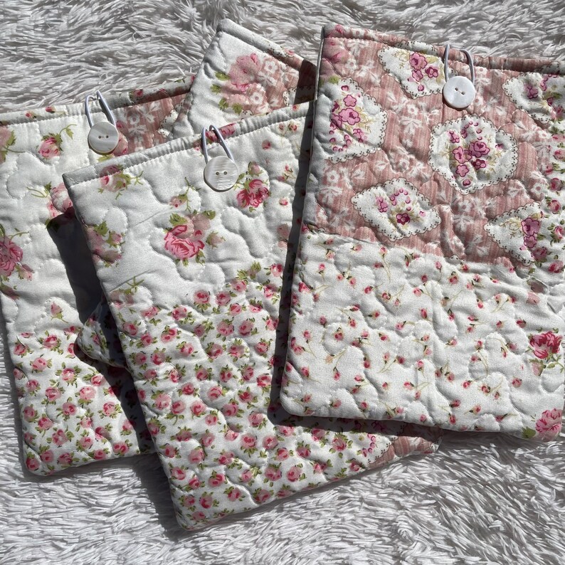 Quilted Book Kindle Sleeve Button Closure Cover Cozy Flower Book Pouch