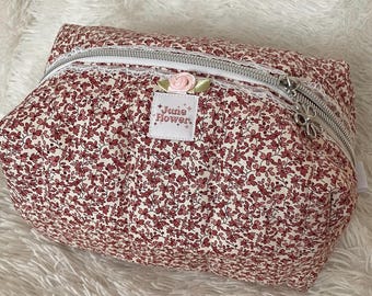 Handmade Quilted Puff Makeup Bag | Floral Print Cosmetic Pouch, Travel Toiletry Bag, Cute Zipper Bag, Gift for Her | Pink Rose Floral Lace