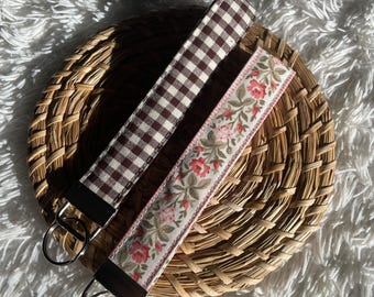 Handmade Fabric Keychain Wristlet | 7 inch Fabric Key Fob w Metal Hardware | Cute Key Holder | Brown Espresso Gingham, Cottage Rose Stripes
