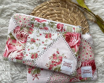 Quilted Handmade Small Zipper Pouch| 7x5” | Floral Fruit | Wallet | Rose Cheater Quilt | Green Pink White