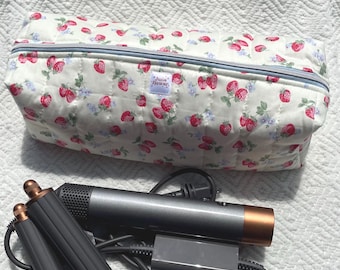 Handmade Quilted Hair Tool Organizer, Cute Travel Makeup Bag, Storage Pouch, Air Wrap or Curling Wand, Hair Straightener, Berries and Cream