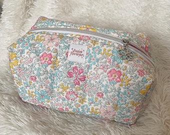 Handmade Quilted Puff Makeup Bag | Floral Print Cosmetic Pouch, Travel Toiletry Bag, Cute Zipper, Gift for Her | Colourful Liberty Floral