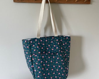 Tote Bag | Messenger Bag | Cotton Handbag | Market Bag | Woman's Shopping Book Tote | Metallic Garden Pink and Green