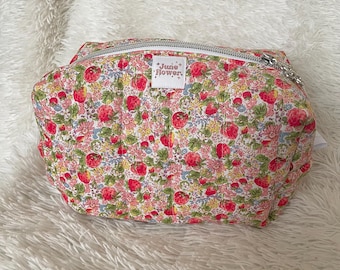 Handmade Quilted Puff Makeup Bag, Zipper Pouch, Toiletry Bag, Cosmetic Bag, Travel Pouch, Strawberry Season