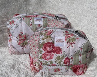Handmade Quilted Puff Makeup Bag | Floral Print Cosmetic Pouch, Travel Toiletry Bag, Cute Zipper Bag, Gift for Her | Patchwork rose