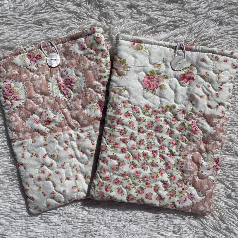 Quilted Book Kindle Sleeve Button Closure Cover Cozy Flower Book Pouch
