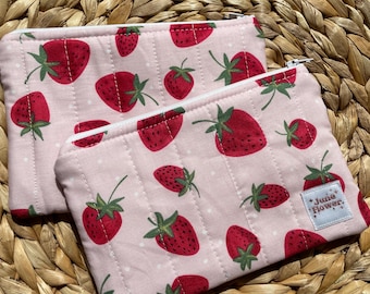 Quilted Handmade Small Zipper Pouch| 7x5” | Floral Fruit | Wallet | Pink Strawberry