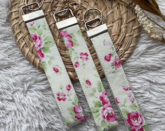 Handmade Wristlet Keychain | Fabric Wrist Key Fob | Gift for Her | Lanyards | Car Fob for House Keys | Keyring | Roses on light green