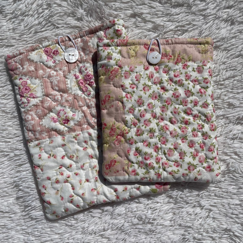 Quilted Book Kindle Sleeve Button Closure Cover Cozy Flower Book Pouch