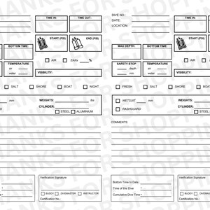 Puede incluir: Un libro de registro de buceo en blanco y negro con secciones para información de inmersión, parada de seguridad, temperatura, visibilidad, pesos, cilindro y comentarios. El libro de registro tiene espacio para dos inmersiones.