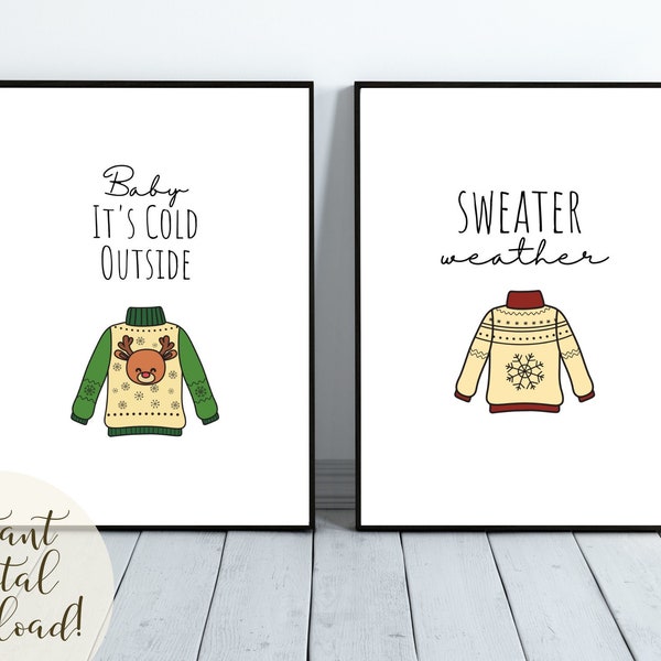 Digital Sweater Weather Holiday and Christmas Prints, Winter Home and Classroom Decorations, Print and Frame, Rudolph Sweater Red and Green