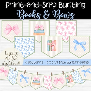 May include: Printable bunting flags with six different patterns featuring books, bows, and polka dots. The flags are 6 inches by 5 1/2 inches and are designed for a book-themed party or event.