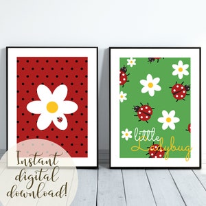 Ladybug Digital Print | Daisy & Ladybug Wall Art | Printable Kids Bedroom Prints | Little Ladybug Saying | Red Ladybugs | Bug Theme Bedroom