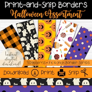 May include: Five printable Halloween border strips, each 3 inches by 10 inches. The strips feature different patterns: black and orange plaid, ghosts with the word "Boo" on them, orange pumpkins with jack-o-lantern faces, candy canes and lollipops, and purple polka dots with orange and white dots.