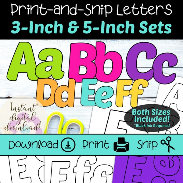 Printable Bulletin Board Letters | 3 Inch & 5 Inch Letter Sets | Teacher Letters | DIY Sign and Banner Letters | Black Ink Printable Letters