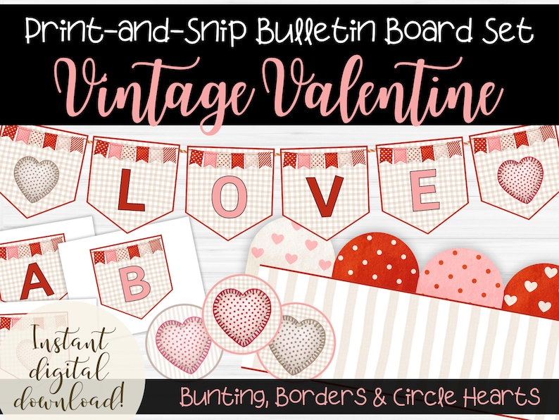 Vintage Valentine Bulletin Board Set Printable Valentine s Day Bunting Flags Borders Stitched vintage-valentine-bulletin-board-set-printable-valentine-s-day-bunting-flags-borders-stitched