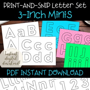 May include: Printable 3-inch letter and number set for cutting and crafting. The letters and numbers are outlined in black on white paper. The image shows the letters A, B, C, D, E, G, H, I, J, L, N, R, and the numbers 1, 2, and 3. The text "PRINT-AND-SNIP Letter Set 3-Inch Minis" and "PDF INSTANT DOWNLOAD" is also visible.